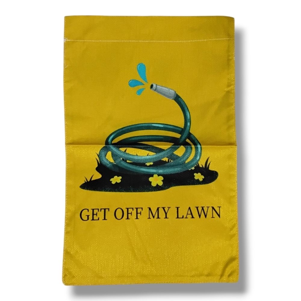 Humorous All Season Yellow Garden Woven Burlap Flag with Hose Design
